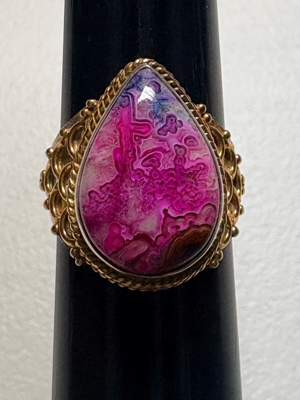 Boho Pink Crazy Lace Agate Statement  Ring Size 8 .925 Gold Vermeil